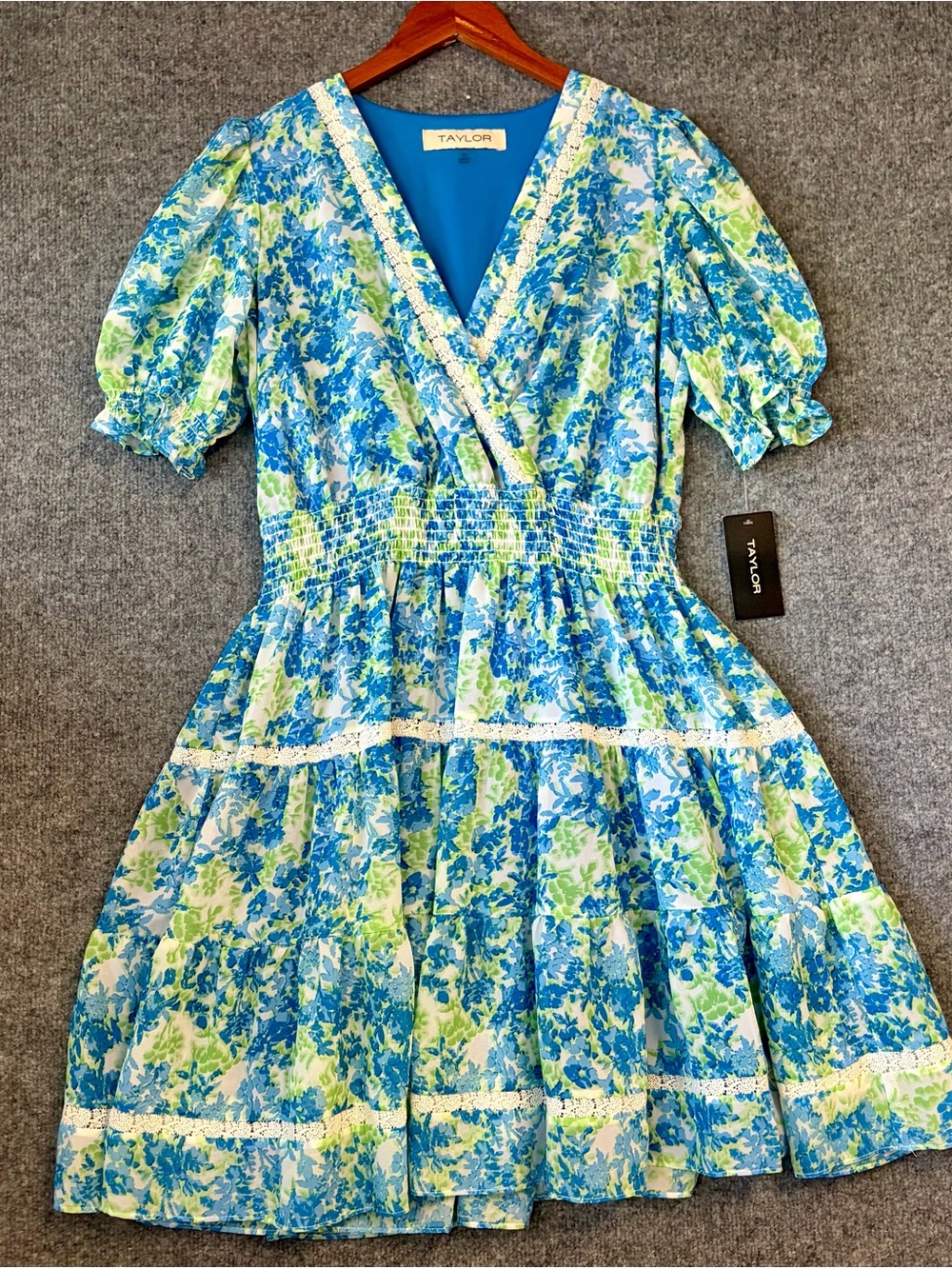 Taylor Floral Wrap Midi Dress Womens 12 Blue Green Smocked Tiered 3932MMX NWT